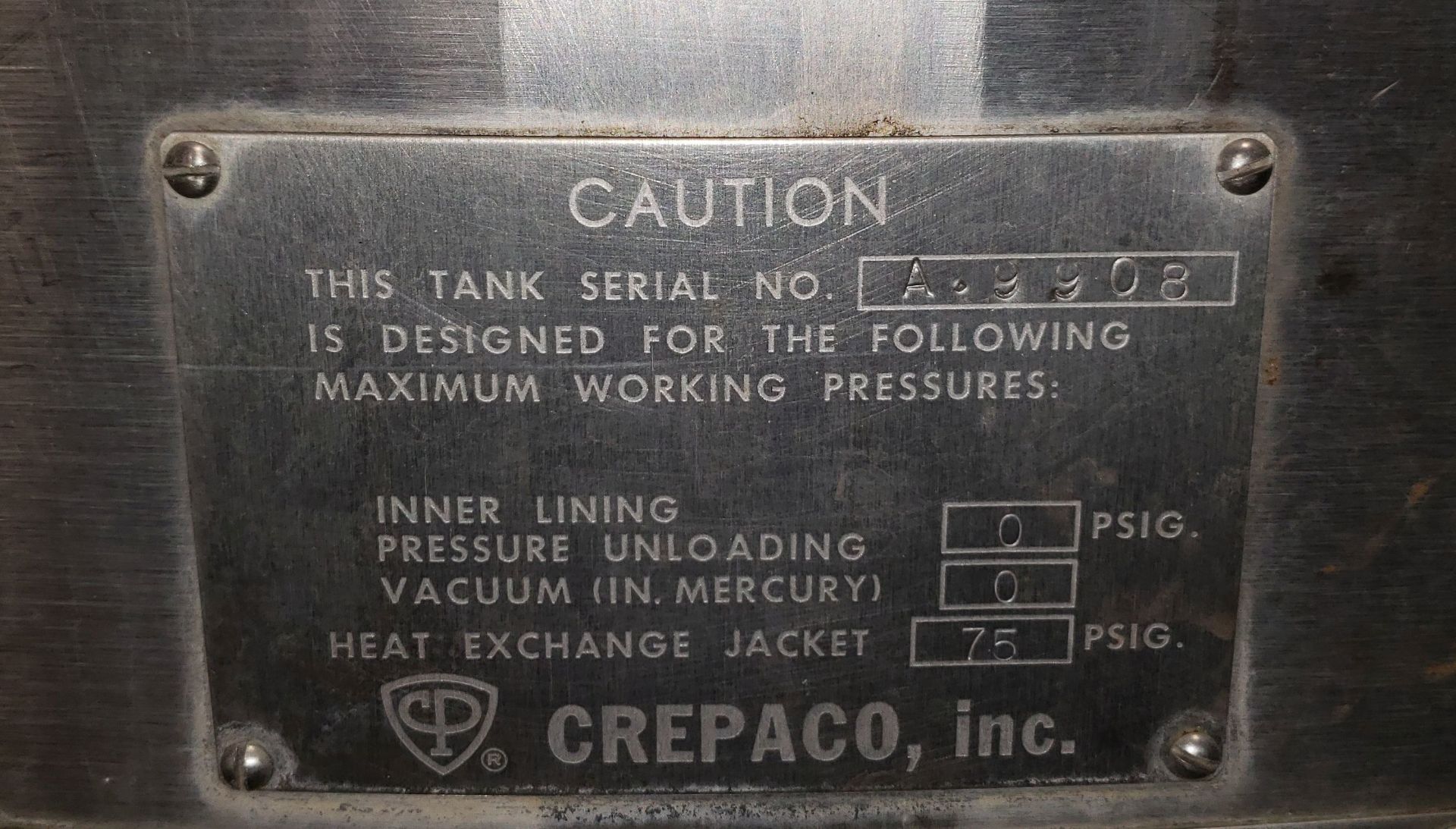 CREPACO Stainless Steel Processing Tank National Board #3815 jacket 75 PSIG at 315 degrees F - Image 3 of 18