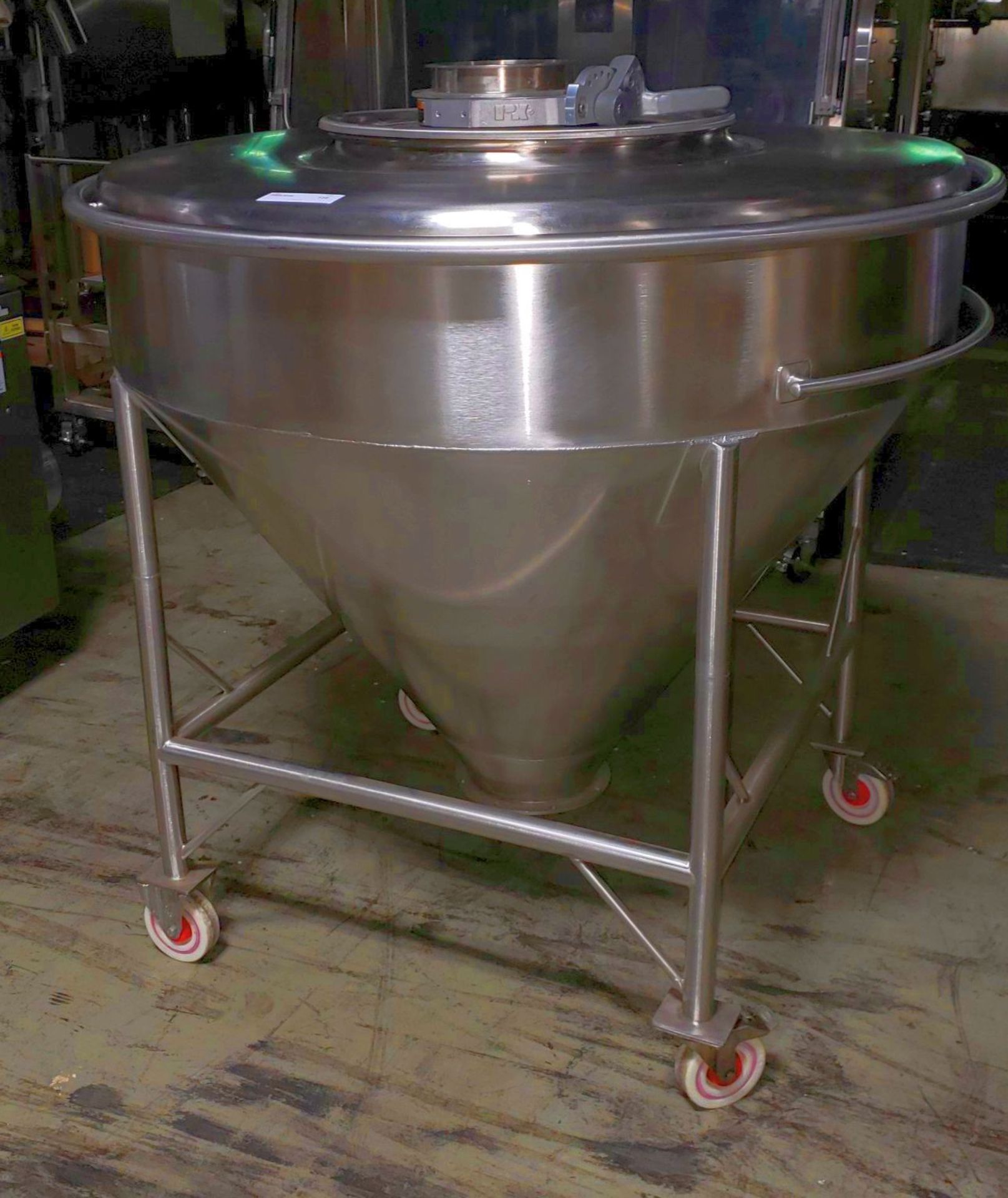 Stainless Steel hopper, 48" diameter x 11" straight side, cone bottom, on wheels