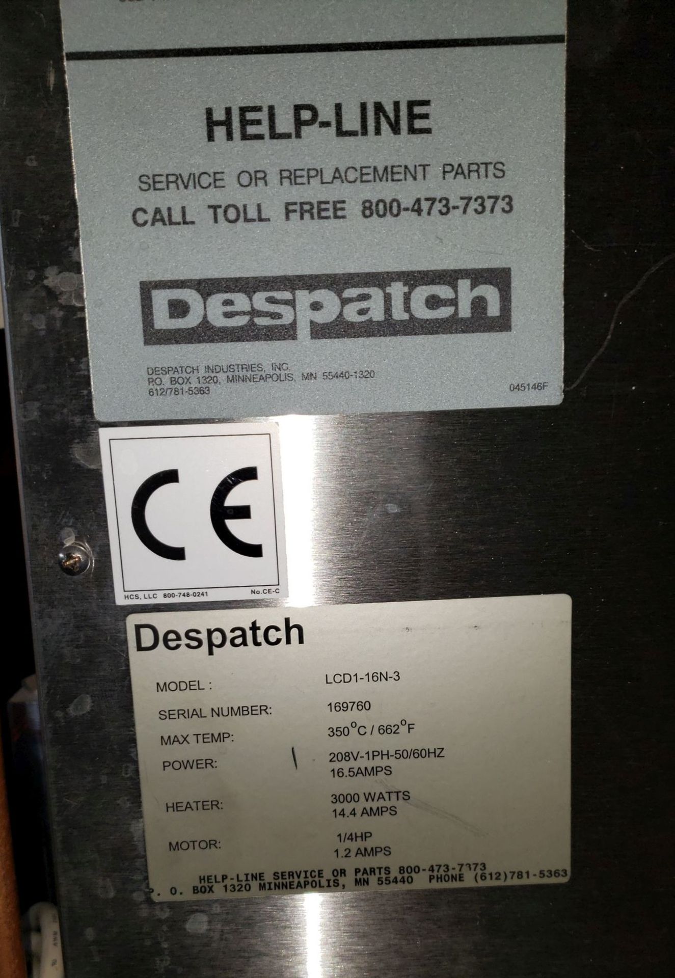 Despatch oven, model LCD1-16N-3, 1.6 cu ft capacity, stainless steel construction, approximately 14" - Image 7 of 9