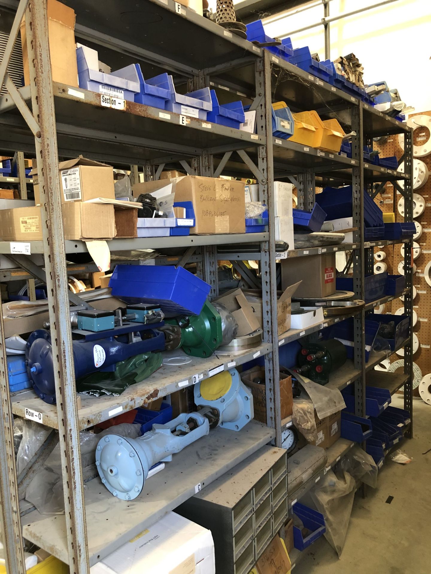 Maintenance Spares Lot: (6) Sections Of Light Duty Industrial Shelving and Contents