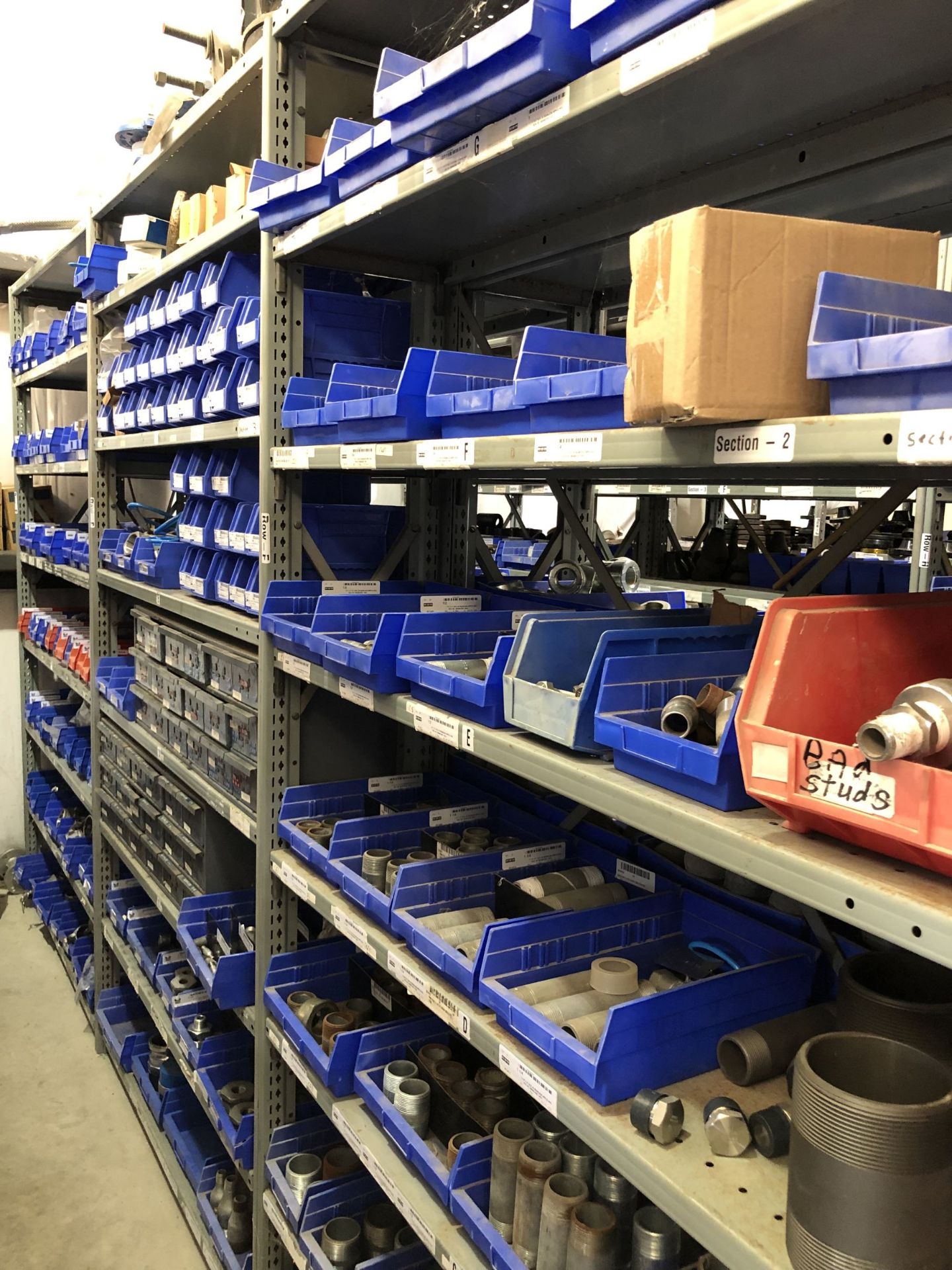 Maintenance Spares Lot: (6) Sections Of Light Duty Industrial Shelving and Contents