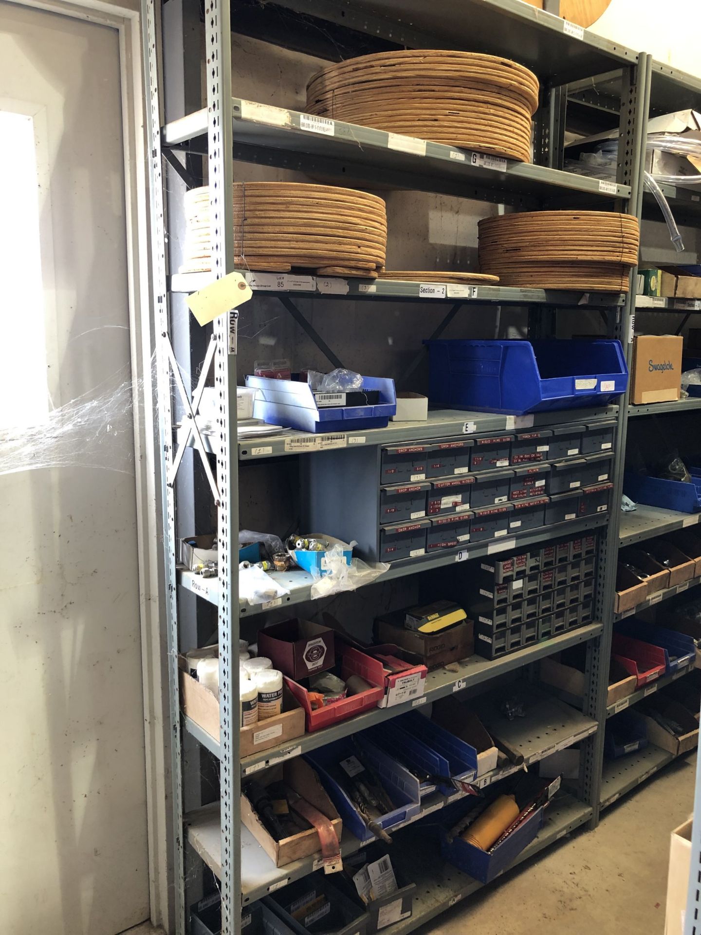 Maintenance Spares Lot: (3) Sections Of Light Duty Industrial Shelving and Contents