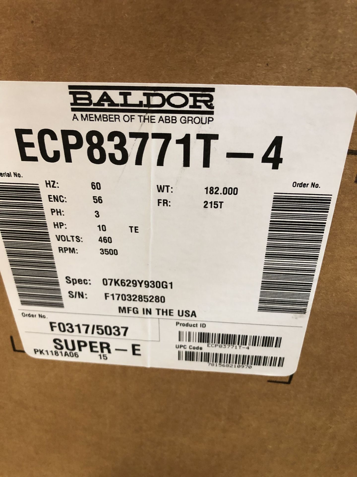 Baldor Model ECP83771G-4 Super E Series 10 HP Electric Motor 460V, 3ph, 60Hz - Image 7 of 7