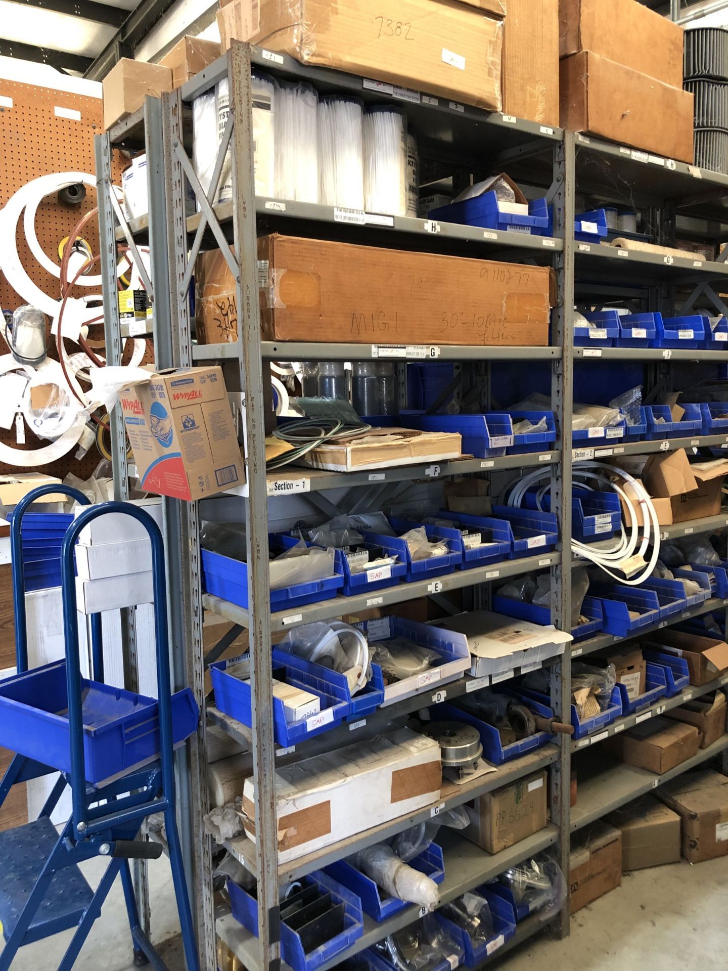 Maintenance Spares Lot: (6) Sections Of Light Duty Industrial Shelving and Contents