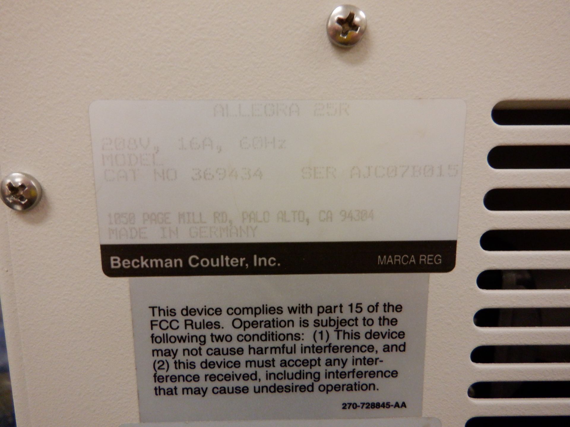 Beckman Coulter Allegra 25R Centrifuge, 208V, 16A, 60 Hz, Serial number AJC07B015 - Image 3 of 4