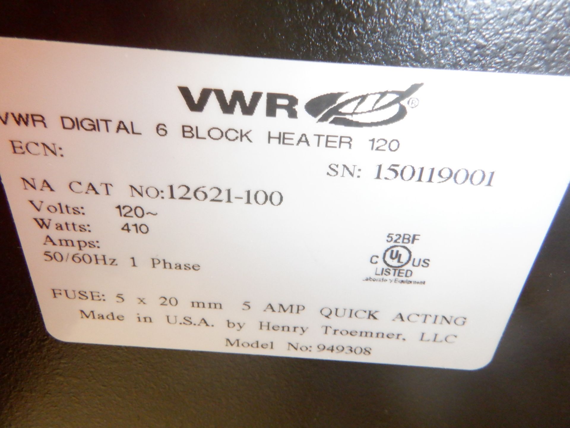 VWR Digital Heatblock 6, serial150119001, 120VAC/1ph/50-60Hz. - Image 2 of 2