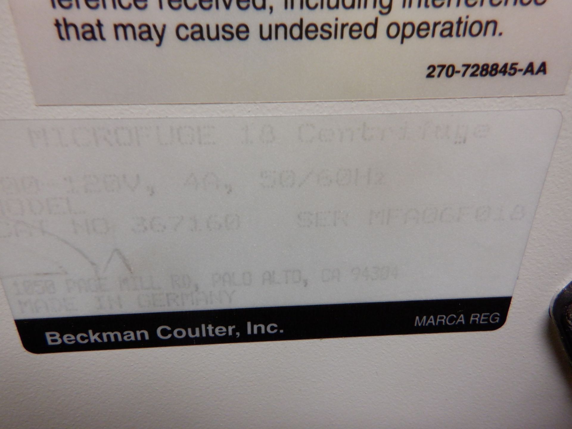 Beckman Coulter Microfuge 18 Centrifuge, 120v/4A/50-60Hz, serial no. MFA06F018 - Image 4 of 4