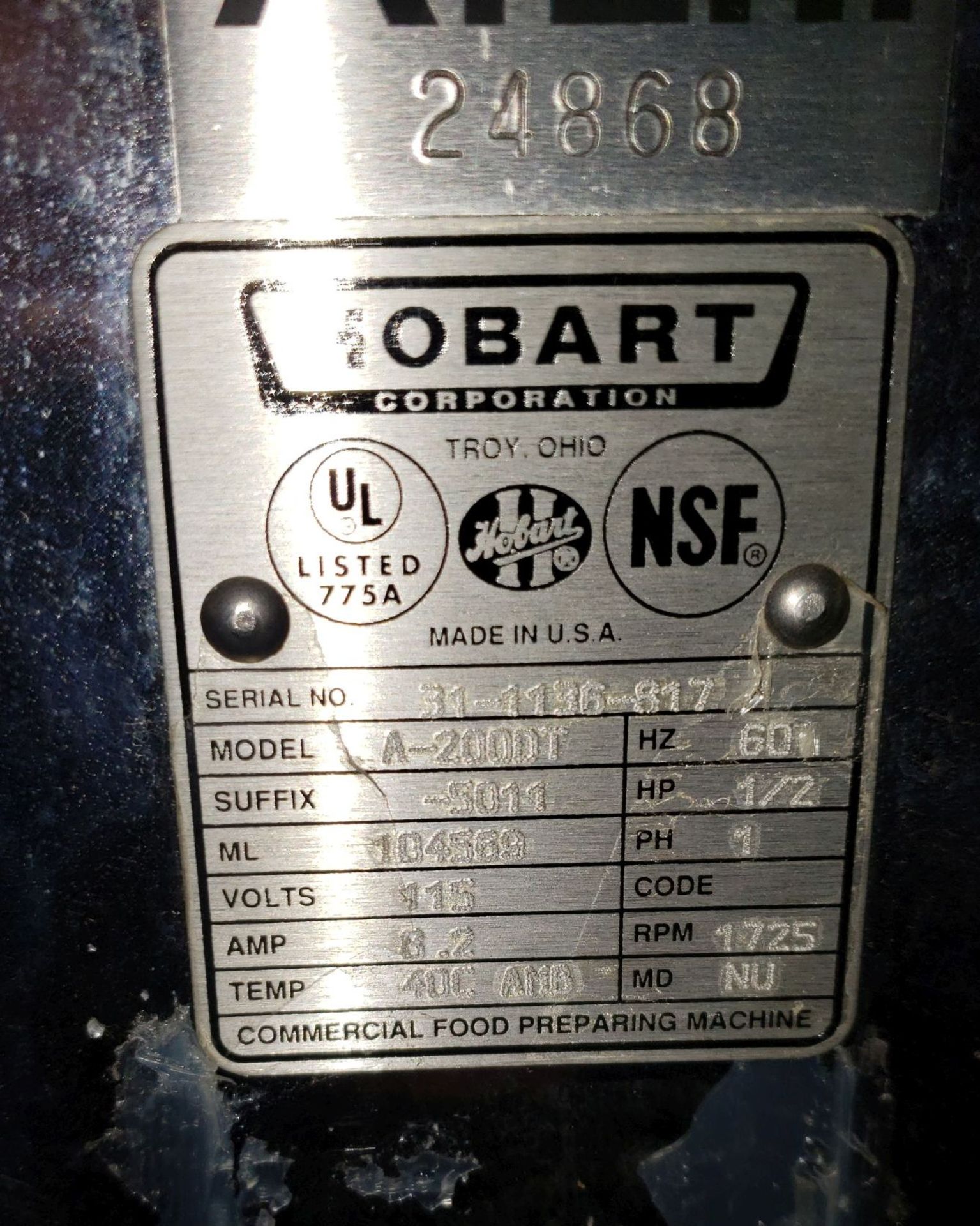 20 quart Hobart Mixer, model A200-DT, 1/2 hp, 115 volt, on cart, serial# T31-1186- - Image 10 of 12