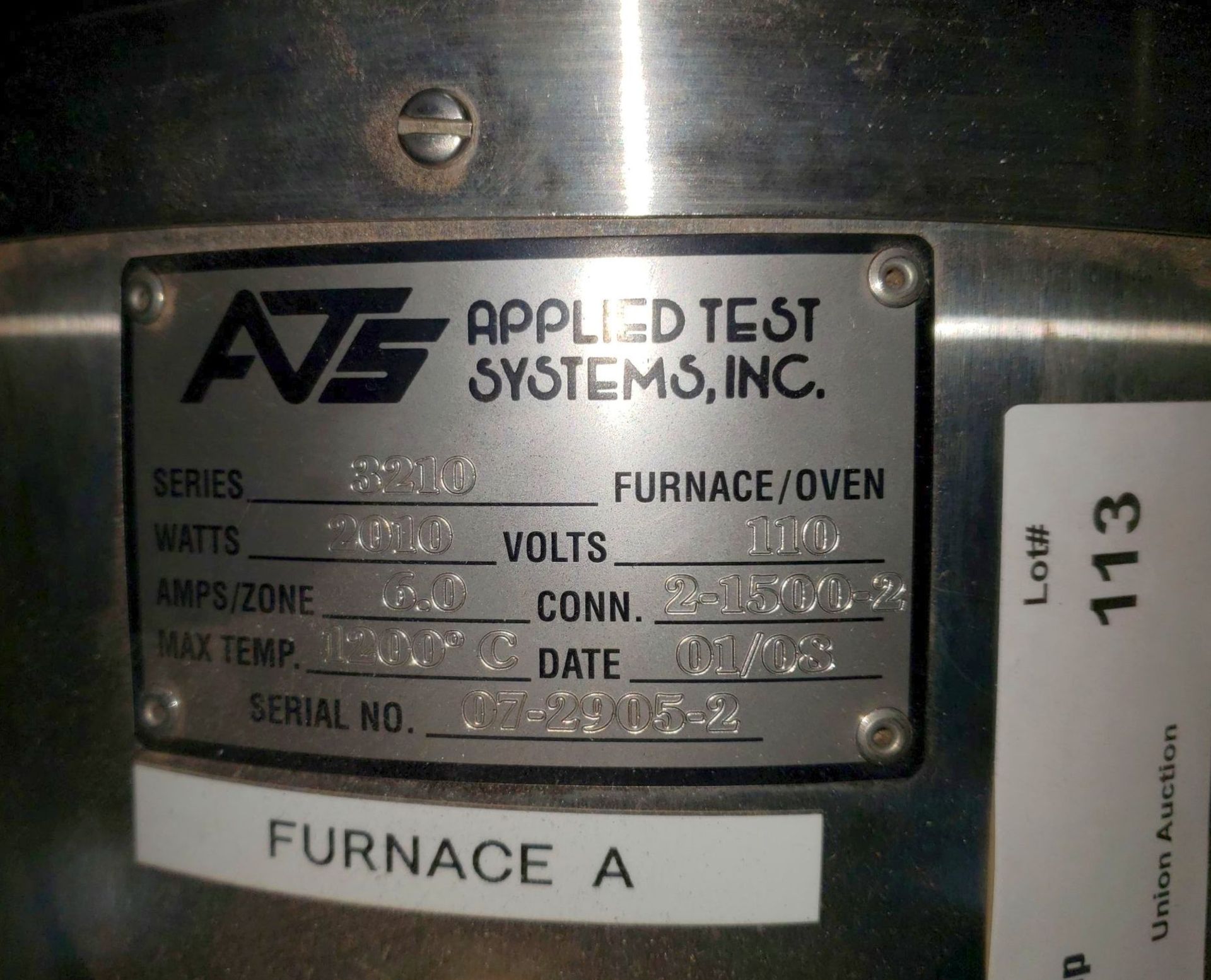 Used Applied Test Systems 3210 SPLIT TUBE FURNACE 2010 WATTS MAX TEMP 1200ºC, 110V serial# 07-2905- - Image 7 of 9