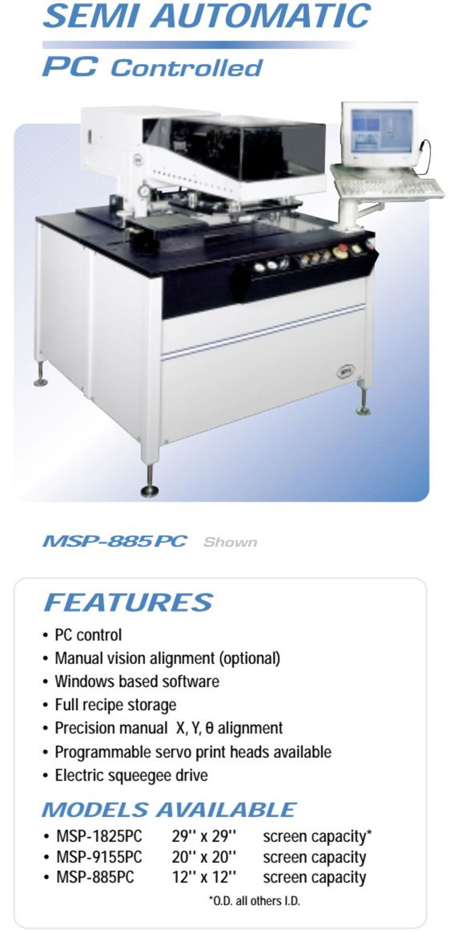 AMI Model MSP-885PC Screen printer, Max Screen Size 12" x 12", Max Print & Substrate Area 8" x 8" - Image 2 of 13