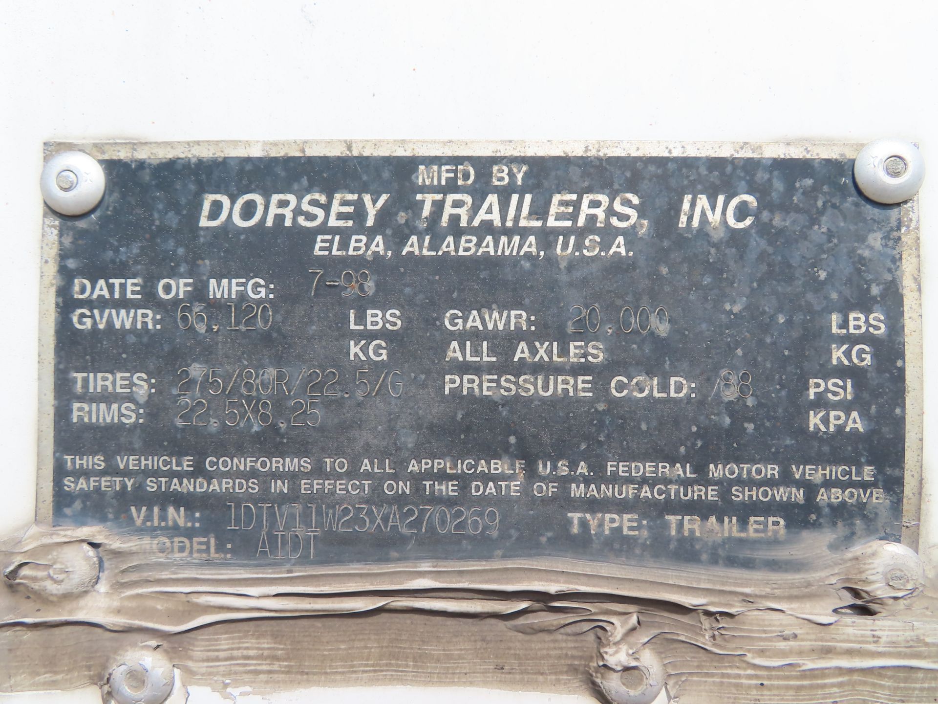 1998 Dorsey 48' Semi Dry Van Trailer, model AIDT, 2 axle, VIN: 1DTV11W23XA270269, GVWR 66,120 - Image 4 of 4