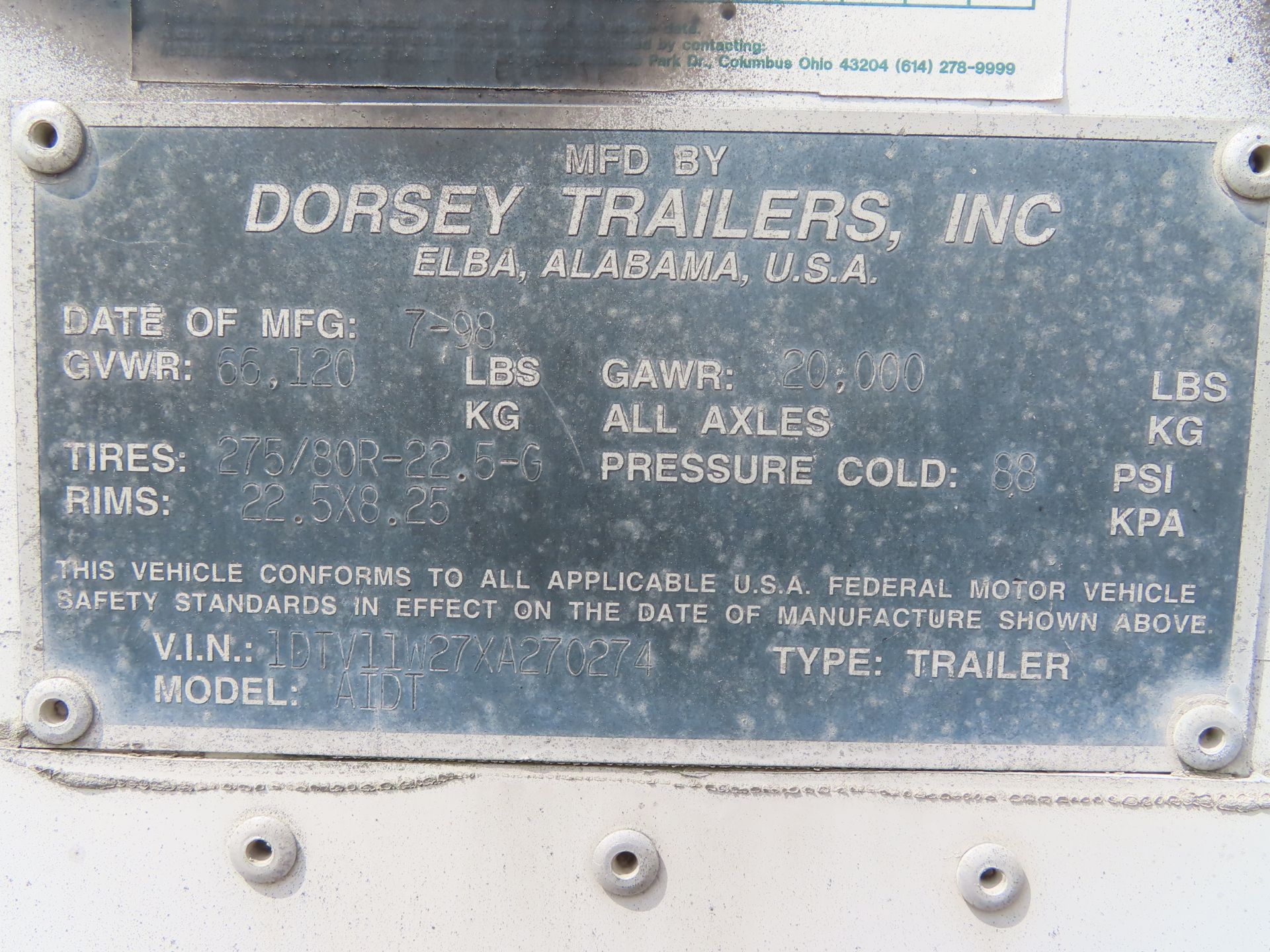 1999 Dorsey Semi Dry Van Trailer, model AIDT, 2 axle, VIN: 1DTV11W27XA270274, GVWR 66,120, rear roll - Image 4 of 4
