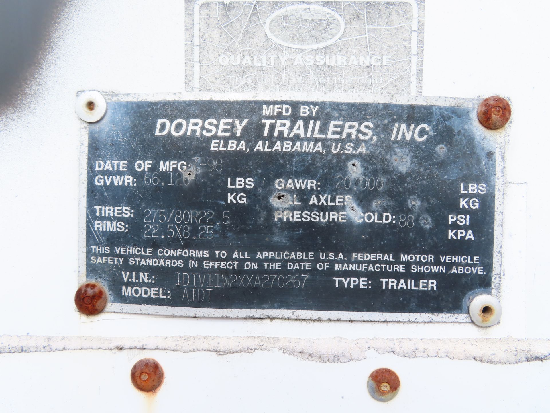 1999 Dorsey 45' Semi Dry Van Trailer, model AIDT, 2 axle, VIN: 1DTV11W2XA270267, GAWR 20,000 lb., - Image 4 of 4