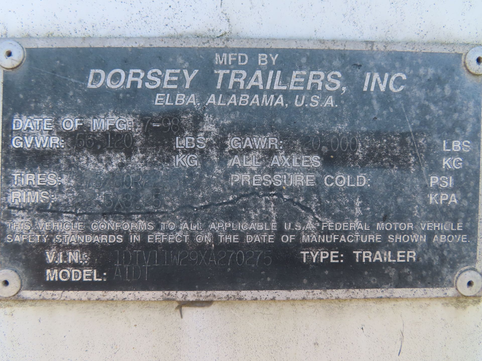 1999 Dorsey 48' Semi Dry Van Trailer, model AIDT, 2 axle, VIN: 1DTV11W29XA270275, GVWR 66,120 - Image 3 of 3