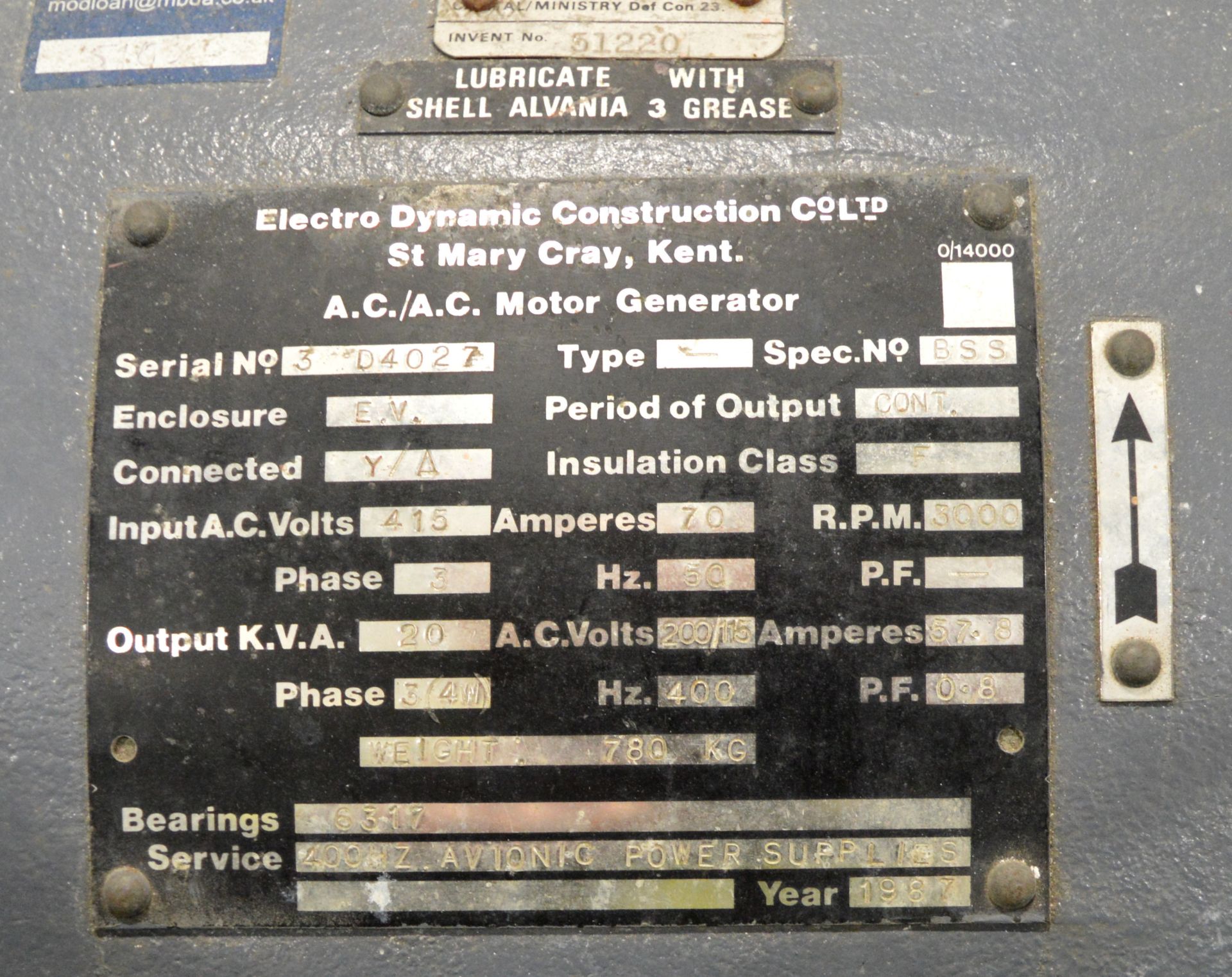 AC/AC Motor/Generator - Input 415V 70A 50Hz - Output 200/115V 57A 400Hz. - Image 2 of 2