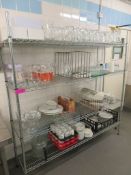 VOGUE STEEL FOUR TIER KITCHEN RACK AND QTY OF ASSORTED GLASSWARE AND CROCKERY