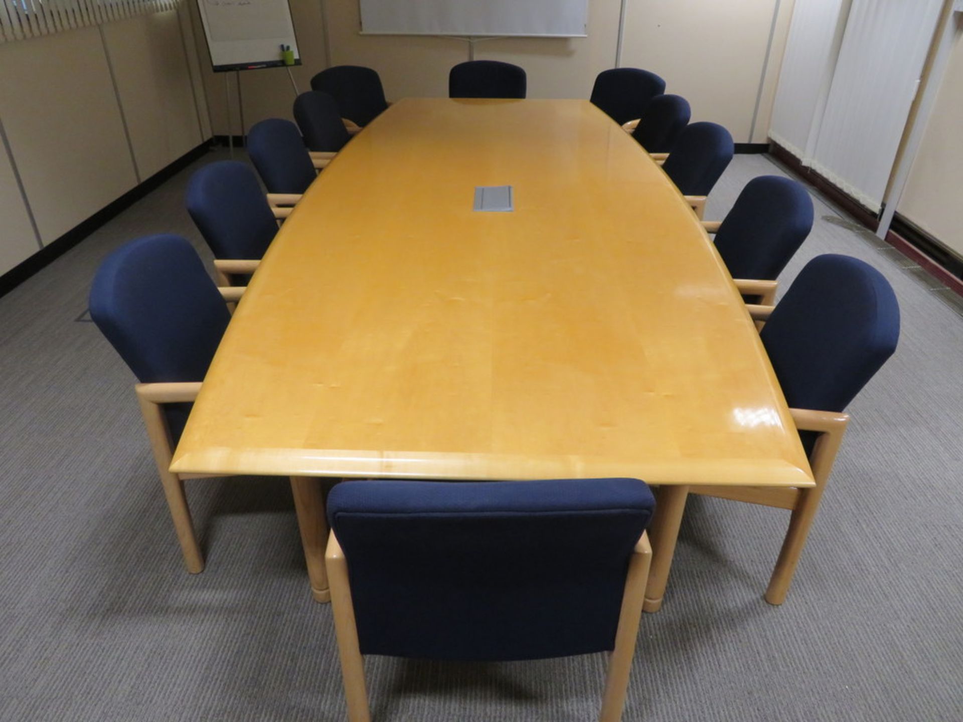 LIGHTWOOD BOARDROOM TABLE C/W MATCHING SET OF 12 X BLUE UPHOLSTERED ARMCHAIRS - Image 2 of 3