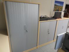 LARGE LIGHTWOOD EFFECT TAMBOUR FRONT OFFICE CABINET AND 2 X SIMILAR SMALLER CABINETS