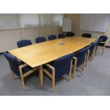 LIGHTWOOD BOARDROOM TABLE C/W MATCHING SET OF 12 X BLUE UPHOLSTERED ARMCHAIRS