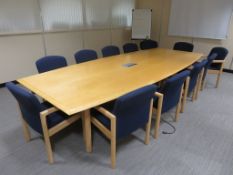 LIGHTWOOD BOARDROOM TABLE C/W MATCHING SET OF 12 X BLUE UPHOLSTERED ARMCHAIRS