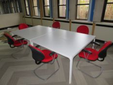 PAIR OF SQUARE WHITE OFFICE TABLES (CURRENTLY USED TOGETHER AS A BOARDROOM TABLE)