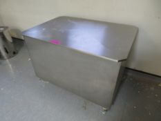 MOBILE STAINLESS STEEL LIDDED BIN AND QTY OF POTS/PANS ETC
