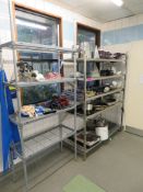 2 X COMMERCIAL KITCHEN STORAGE RACKS AND QTY OF ASSORTED KITCHEN EQUIPMENT