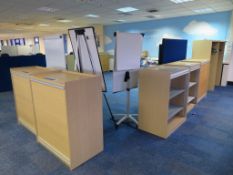 5 X LIGHTWOOD EFFECT TAMBOUR FRONT OFFICE CABINETS, OFFICE DIVIDERS & 3 X FLIPCHART STANDS