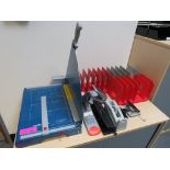 QTY OF ASSORTED OFFICE EQUIPMENT INCLUDING DAHLE GUILLOTINE, STAPLERS, FILING TRAYS ETC