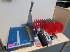 QTY OF ASSORTED OFFICE EQUIPMENT INCLUDING DAHLE GUILLOTINE, STAPLERS, FILING TRAYS ETC