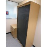 2 X LARGE LIGHTWOOD TAMBOUR FRONT OFFICE CABINETS AND LOW LEVEL TWO DOOR CABINET