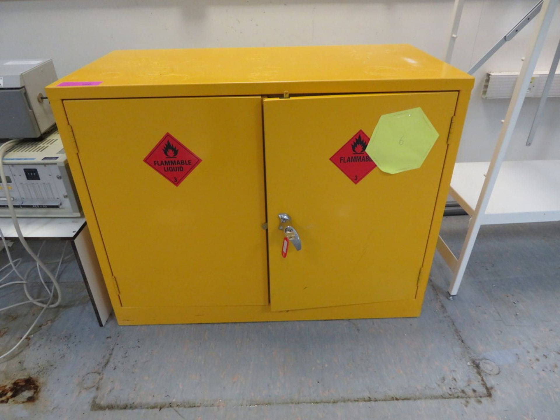 YELLOW METAL FLAMMABLES CABINET, METAL RACK AND UNUSED OVERALLS - Image 2 of 4