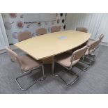 LIGHTWOOD BOARDROOM TABLE C/W SET OF 8 X CANTILEVER CHROME FRAME CHAIRS