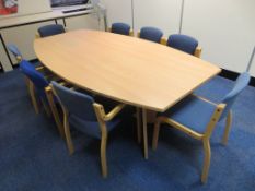 LIGHTWOOD EFFECT BOARDROOM TABLE AND 4 X BLUE UPHOLSTERED CHAIRS