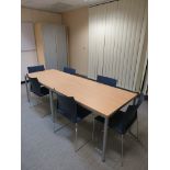 2 X LIGHTWOOD EFFECT RECTANGULAR TABLES, SET OF 6 X BLUE PLASTIC CHAIRS