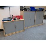 2 X LIGHTWOOD EFFECT TAMBOUR FROMT OFFICE CABINETS AND SILILAR LOW LEVEL CABINET