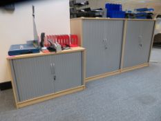 2 X LIGHTWOOD EFFECT TAMBOUR FROMT OFFICE CABINETS AND SILILAR LOW LEVEL CABINET