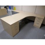 LIGHTWOOD EFFECT L-SHAPED DESK, 2 X THREE DRAWER PEDESTALS