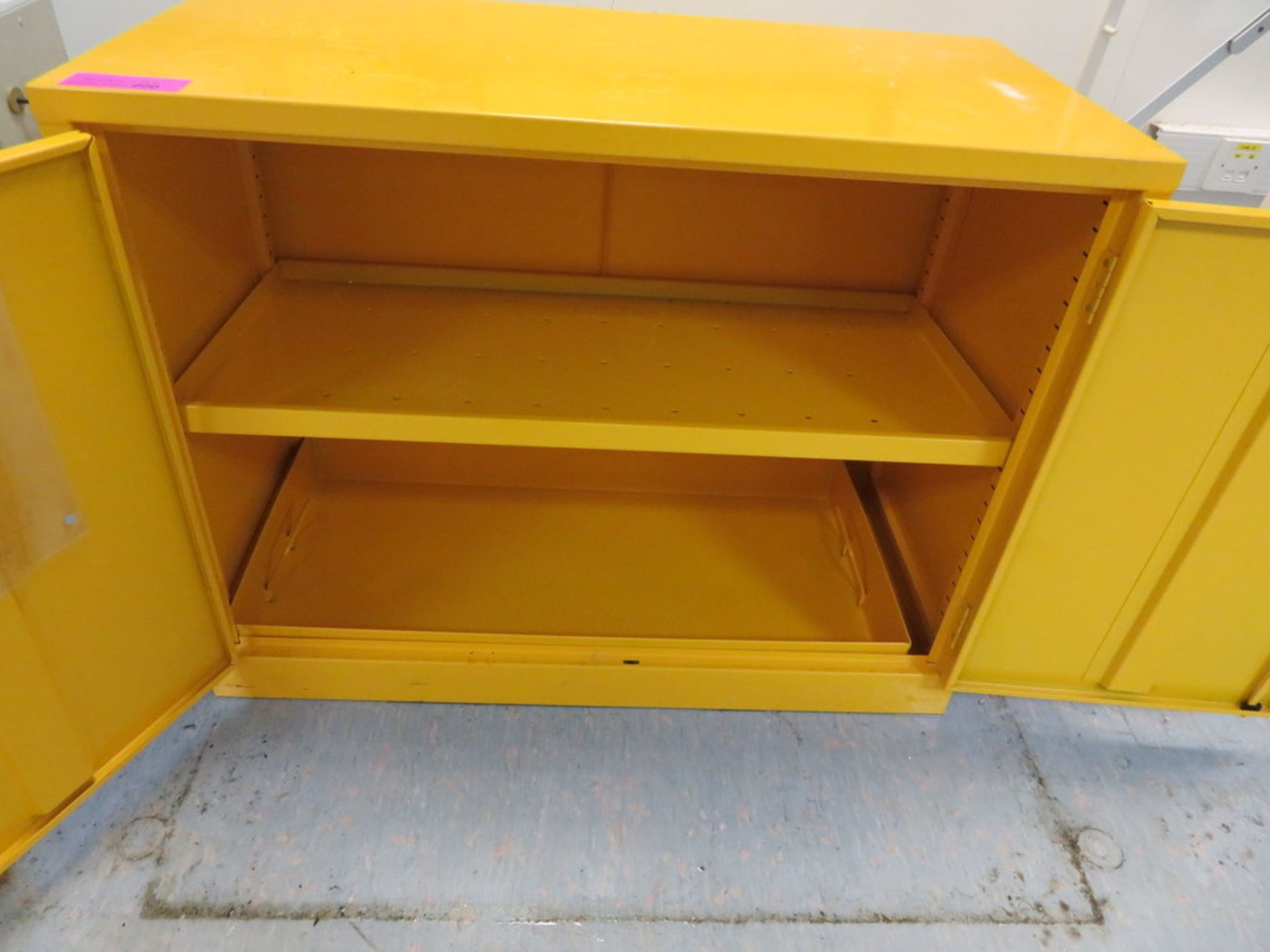 YELLOW METAL FLAMMABLES CABINET, METAL RACK AND UNUSED OVERALLS - Image 3 of 4