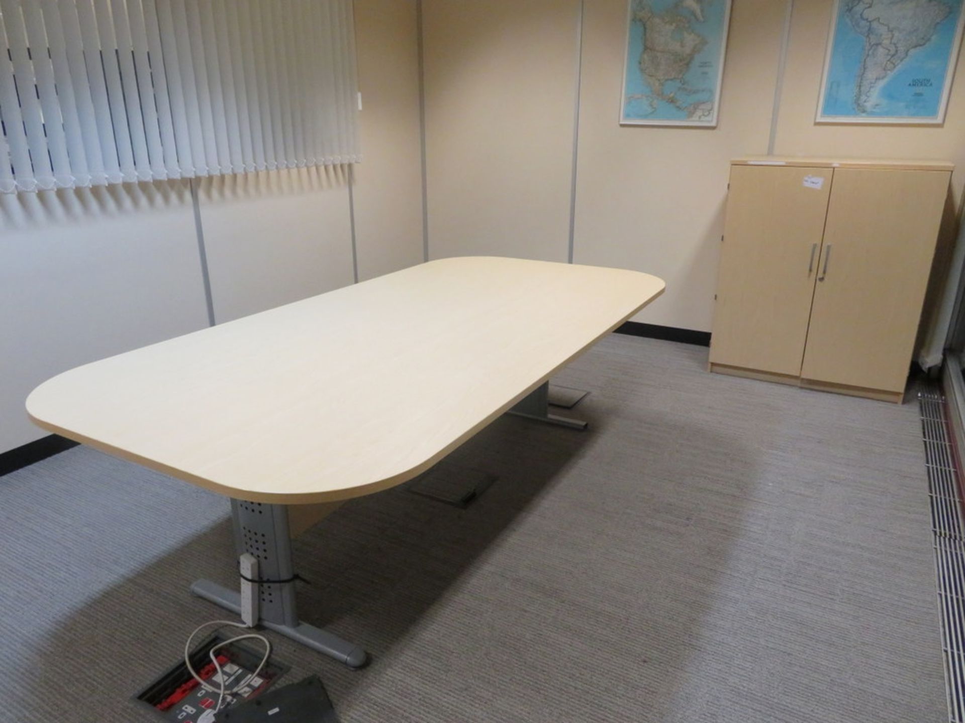 LIGHTWOOD EFFECT BOARDROOM TABLE AND MATCHING TWO DOOR CABINET