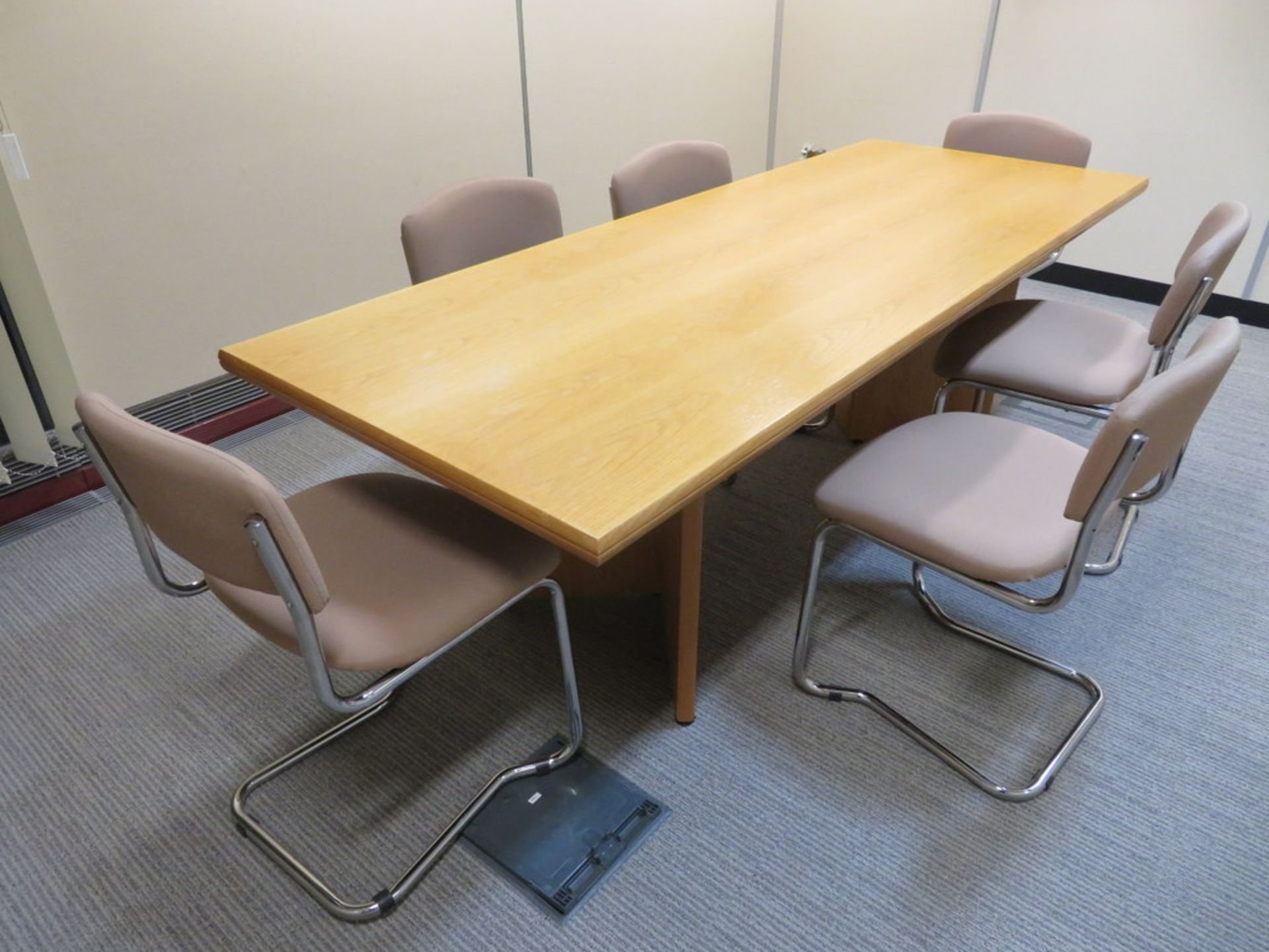 RECTANGULAR LIGHTWOOD BOARDROOM TABLE AND SET OF 6 X CHROME CANTILEVER CHAIRS