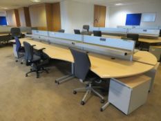 6 X LIGHTWOOD EFFECT CURVED FRONT OFFICE DESKS WITH DIVIDERS, 6 X SWIVEL