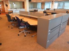 5 X LIGHTWOOD EFFECT CURVED FRONT OFFICE DESKS WITH DIVIDERS, 5 X SWIVEL