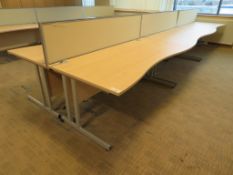 6 X LIGHTWOOD EFFECT CURVED FRONT OFFICE DESKS AND 3 X DESK DIVIDERS