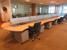 10 X LIGHTWOOD EFFECT CURVED FRONT OFFICE DESKS WITH DIVIDERS, 5 X SWIVEL