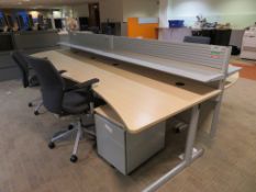 4 X LIGHTWOOD EFFECT OFFICE DESKS, 2 X SWIVEL CHAIRS, 4 X PEDESTALS AND