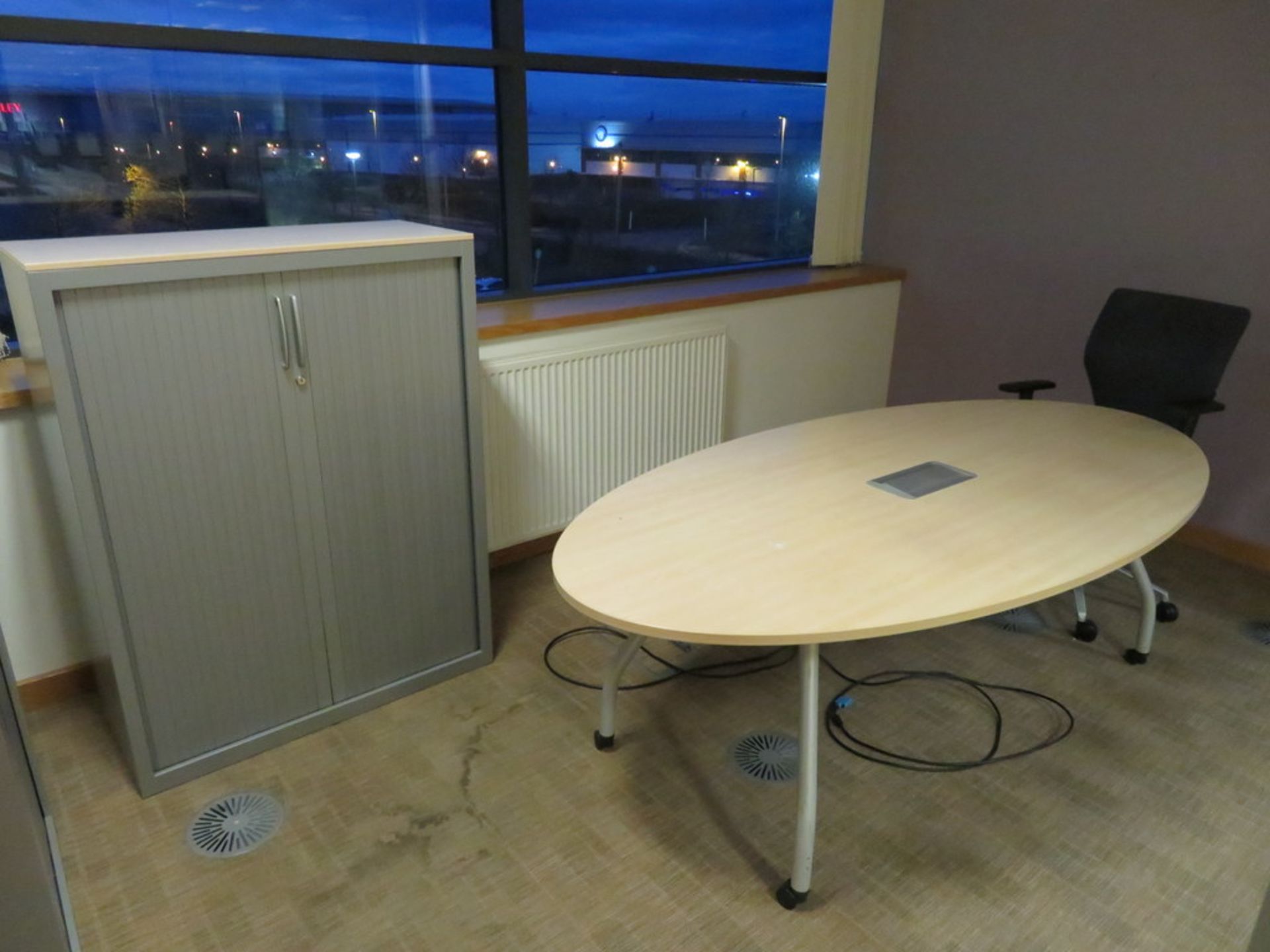 2 X GREY TAMBOUR FRONT OFFICE CABINETS, OVAL TABLE AND