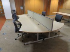 4 X LIGHTWOOD EFFECT CURVED FRONT OFFICE DESKS, 4 X SWIVEL CHAIRS