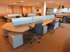 6 X LIGHTWOOD EFFECT CURVED FRONT OFFICE DESKS WITH DIVIDERS, 5 X SWIVEL