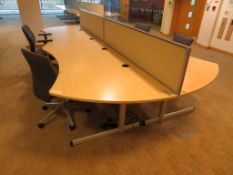 4 X LIGHTWOOD EFFECT CURVED FRONT OFFICE DESKS, 4 X SWIVEL CHAIRS AND 2 X